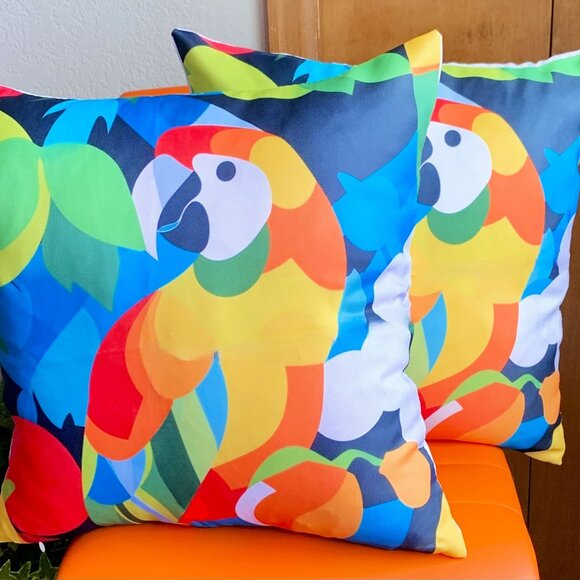 Set/2 Contemporary Jungle Parrots Outdoor Waterproof Patio Pillow Cushion Covers - Picture 1 of 4